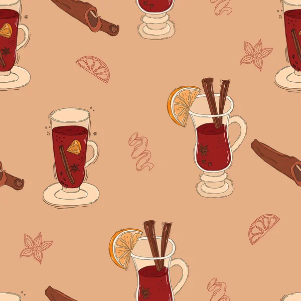 Modèle sans couture avec du vin chaud de Noël. verre avec cocktail chaud avec tranche d'orange et épices bâtonnets de cannelle, cardamome, écorce d'agrumes sur fond beige clair. Illustration vectorielle — Image vectorielle