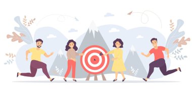 İş Konsepti - insanlar başarının zirvesine doğru hedef, hareket ve motivasyon yolunda ilerliyorlar. Vektör illüstrasyonu - ortak çalışma, hedefler ve başarılar, iş ve pazarlama kavramları