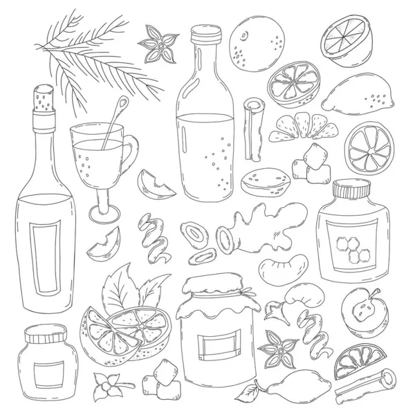 Gran Conjunto Para Vino Caliente Ilustración Vectorial Línea Dibujada Mano — Vector de stock