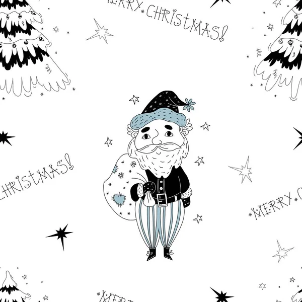 Patrón Sin Costuras Lindo Santa Claus Con Bolsa Árbol Navidad — Archivo Imágenes Vectoriales