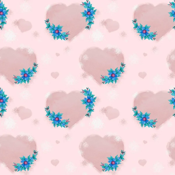 Seamless Pattern Delicate Pink Hearts Floral Pattern Bouquet Blue Flowers — Stock Photo, Image