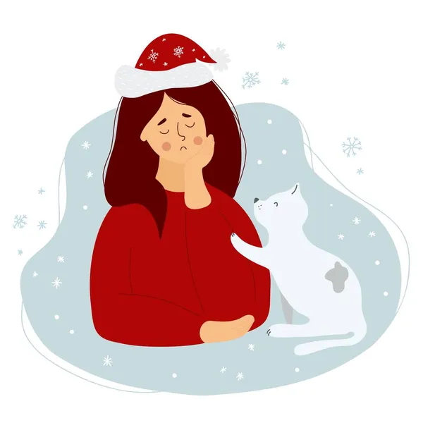 Üzücü Bir Noel Noel Baba Şapkalı Yalnız Kız Kedi Vektör — Stok Vektör