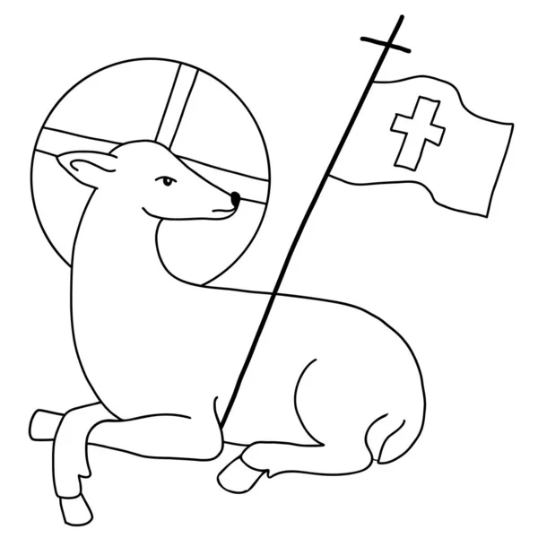 Cordero Oveja Con Cruz Símbolo Religioso Jesucristo Ilustración Vectorial Contorno — Vector de stock