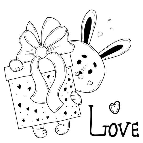 Lindo Conejito Con Gran Regalo Caja Con Arco Corazones Ilustración — Vector de stock