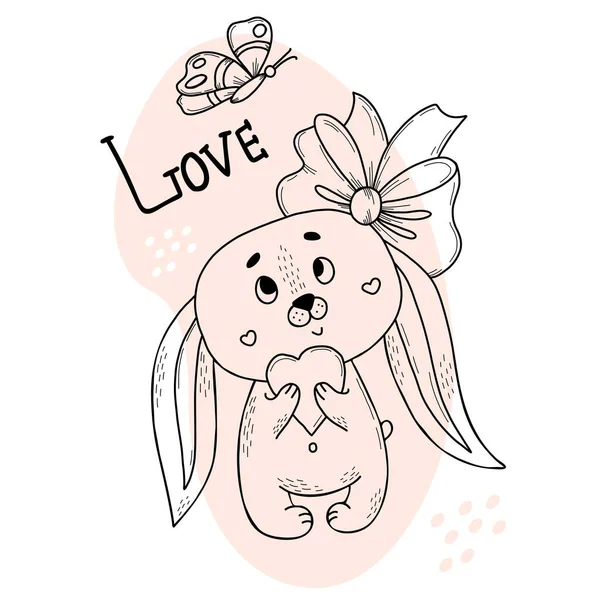 Cute Bunny Girl Huge Bow Heart Vector Illustration Postcard Style — Vector de stock