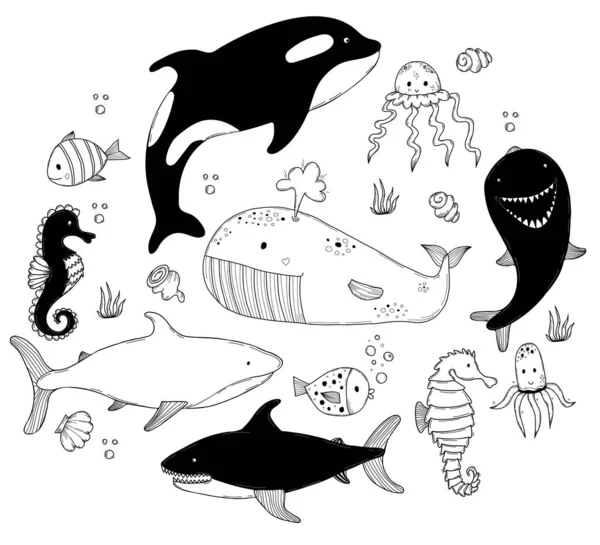 Set Von Meerestieren Netter Großwal Und Hai Seepferdchen Und Delfine — Stockvektor