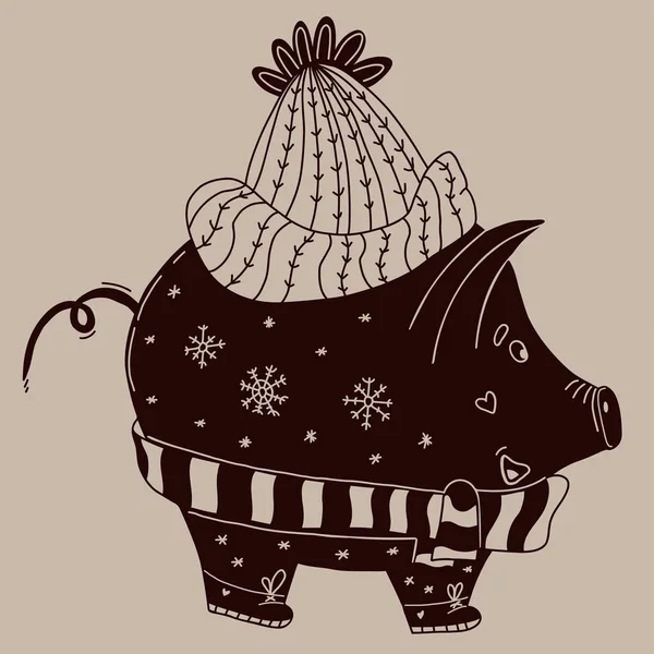 Милая Декоративная Зимняя Свинья Шляпе Шарфе Снежинками Векторная Иллюстрация Стиле — стоковый вектор