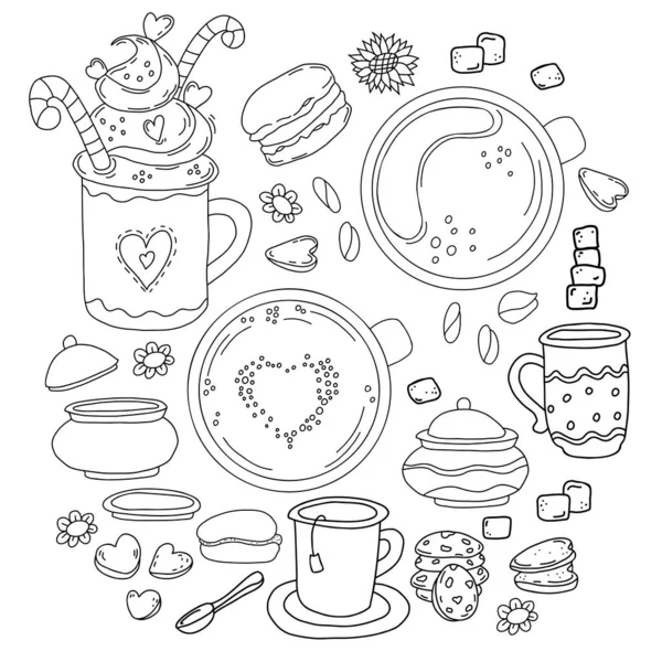 大盘的甜点和盘碟 风格为手绘线形涂鸦 一杯茶和奶油甜点 勺子和糖碗 马卡龙 矢量图解 孤立的草图 — 图库矢量图片