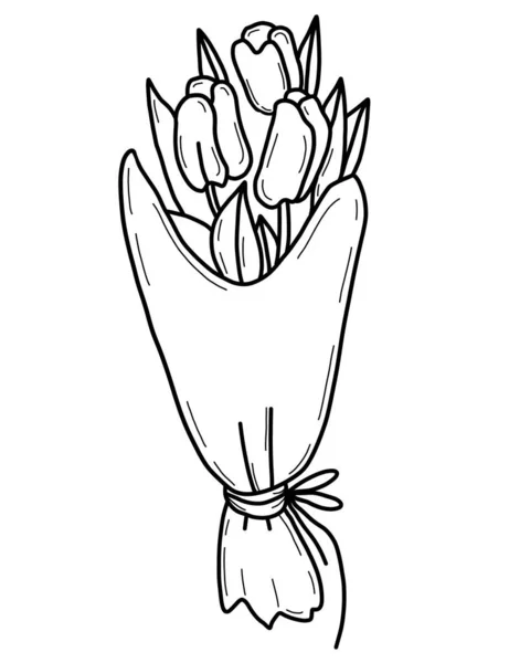 Bela Primavera Buquê Flores Tulipas Ilustração Vetorial Desenho Manual Linear —  Vetores de Stock
