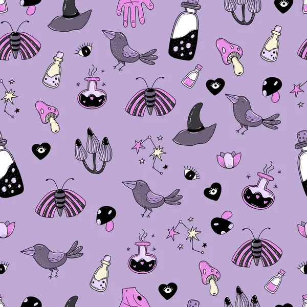 Magic seamless pattern. Witchcraft and witch amulets, magic potion and bottles, witchs eye and hat, snake and raven on purple background with magic bottles and mushrooms. Vector illustration.