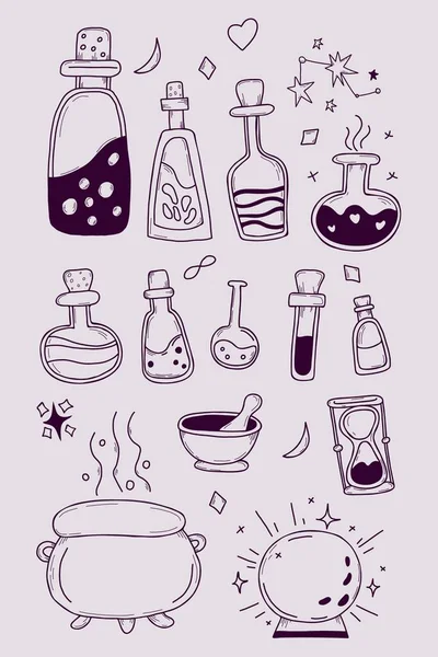 Ensemble de sorcellerie vectorielle. atelier de sorcières bouteilles avec des potions et des sorts d'amour, boule magique et un chaudron de sorcières, un sablier et du mortier. Illustrations linéaires en style doodle fait main — Image vectorielle