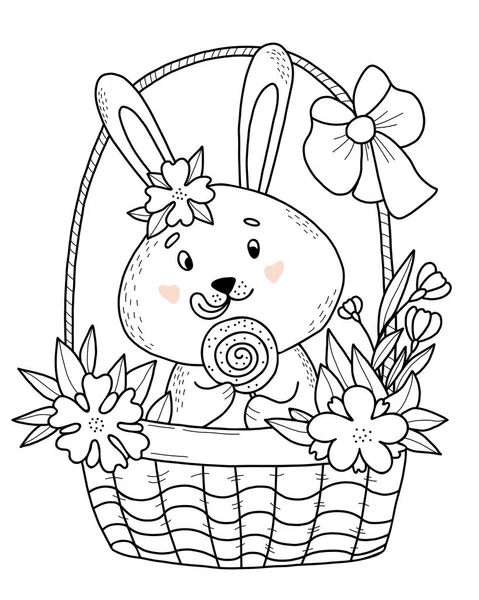 Cute bunny licks its lips with large lollipop in his paw in basket with flowers. Vector illustration. Postcard in style of hand drawn linear doodles. Funny animal for design and Easter greeting cards. — Stock Vector