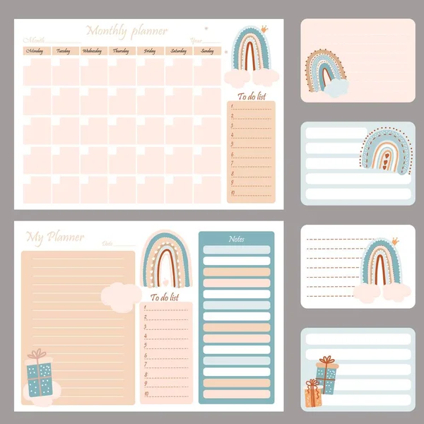 Cute planner templates - for day, week, month, to-do list. Scandinavian style organizer and schedule with notes and to-do list with rainbows and gifts. Vector illustration. A4 size. — Stockvektor