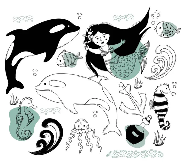 Eine Reihe mythischer Frauen und Meerestiere. Niedliche Meerjungfrau, Wal und Killerwal, Fische, Quallen, Seepferdchen und Welle. Vektor-isolierte Umrissillustrationen, im Stil linearer Doodles für das Design — Stockvektor