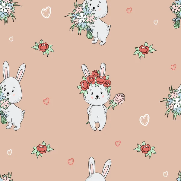 Seamless pattern with cute rabbits. Funny enamored rabbits in floral wreath and with bouquet of flowers on light beige background with hearts. Vector illustration. For packaging, wallpaper, printing.