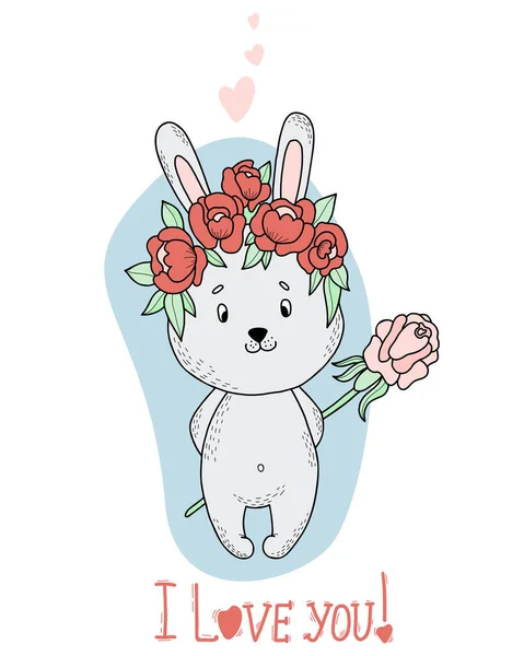 Valentine pocztówka z cute króliczek w wieniec kwiatowy i duży kwiat róży. Ilustracja wektora. Śmieszne zwierzę do projektowania i dekoracji, Walentynki kartki z życzeniami Kocham cię. — Wektor stockowy