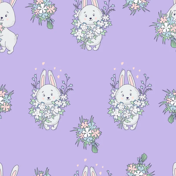 Naadloos patroon met schattige grijze konijnen en groot boeket bloemen op licht paarse achtergrond. Vector illustratie. Voor verpakking, behang, bedrukking, textiel en decor. — Stockvector