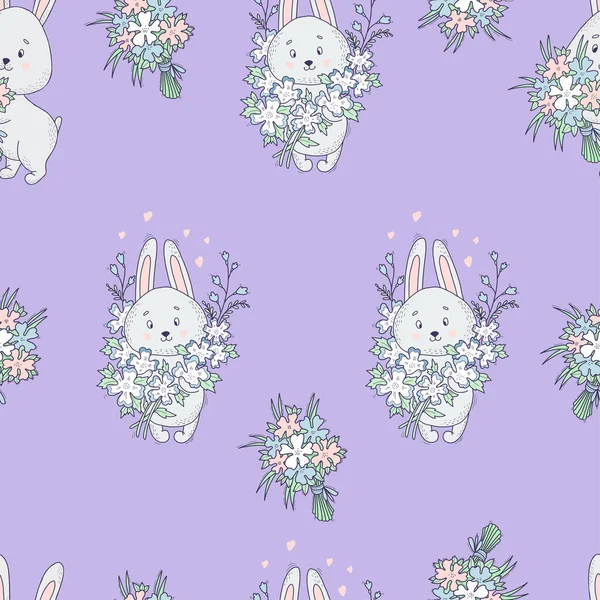 Seamless pattern with cute gray rabbits and large bouquet of flowers on light purple background. Vector illustration. For packaging, wallpaper, printing, textiles and decor.