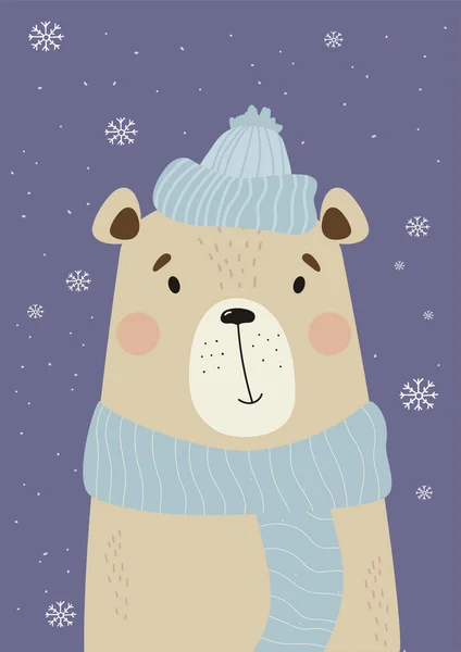 Inverno bonito urso no inverno tricotado chapéu e cachecol no fundo de flocos de neve. Ilustração vetorial vertical em estilo plano. Cartão postal, para impressão e design, coleção de crianças. — Vetor de Stock