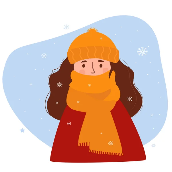 Porträtt av frusen vinterflicka. kvinna i hatt, insvept i varm halsduk mot bakgrund av snöflingor. Vektorillustration. Karaktär i platt stil för vinterdesign, inredning. — Stock vektor