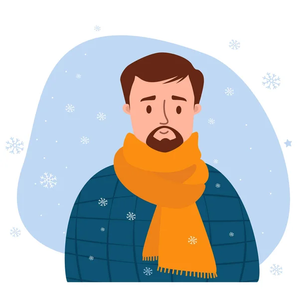 Winter Man Mustache Beard Scarf Background Snowflakes Vector Illustration Character — Stock vektor