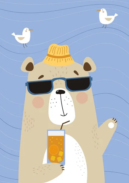 Słodki Niedźwiedź Okularach Przeciwsłonecznych Koktajlem Cytrusowym Tle Morza Mewami Ilustracja — Wektor stockowy