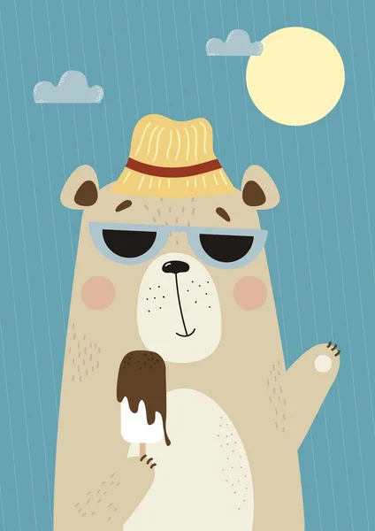 Cartaz Vertical Com Urso Bonito Chapéu Óculos Sol Com Sorvete — Vetor de Stock