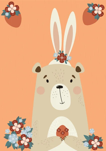 Bonito Oso Con Orejas Conejo Pascua Con Flores Huevos Pascua — Vector de stock