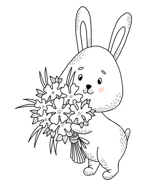 Cute Bunny Bouquet Flowers Vector Illustration Postcard Style Hand Drawn — Stockvektor