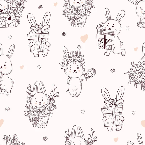 Seamless pattern with cute rabbits. Funny rabbits in a flower wreath and with large bouquet, with gifts and boxes on light background with hearts. Vector illustration. Outline, linear doodle