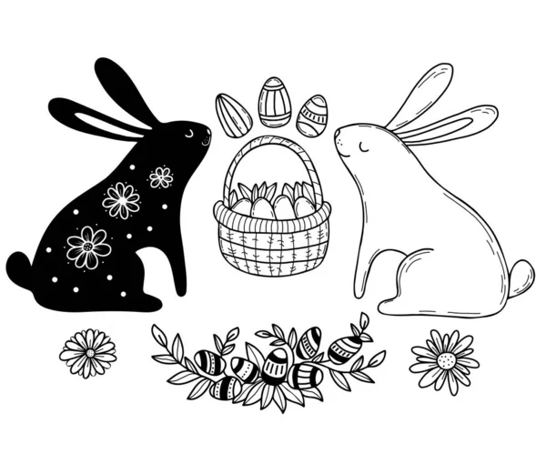 Húsvéti Készlet Aranyos Húsvéti Nyuszi Dekorációval Húsvéti Kosár Tojással Virágokkal — Stock Vector