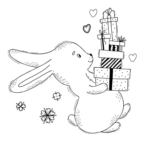 Cute Bunny Carries Gifts Boxes Vector Illustration Greeting Card Linear — 图库矢量图片