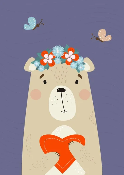 Poster Cute Teddy Bear Big Heart Floral Wreath Purple Background — Vetor de Stock