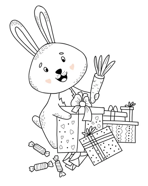 Cute Rabbit Gifts Boxes Sweets Carrots Vector Illustration Funny Animal — Vetor de Stock