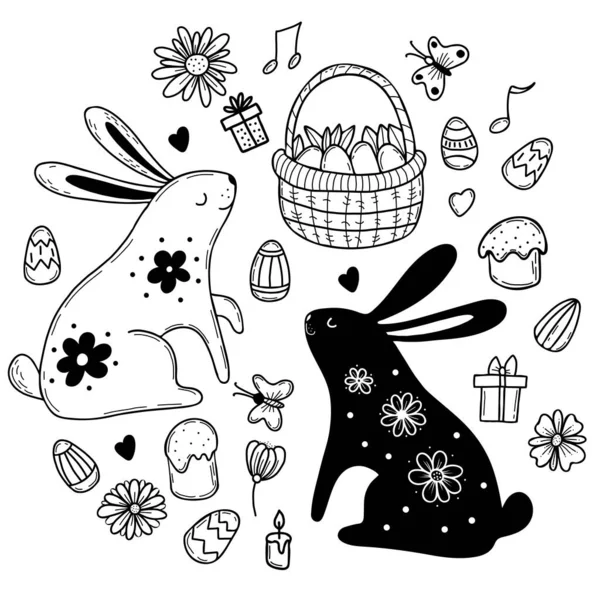 Húsvéti Készlet Aranyos Húsvéti Nyuszi Húsvéti Kosár Tojással Virágokkal Madarak — Stock Vector