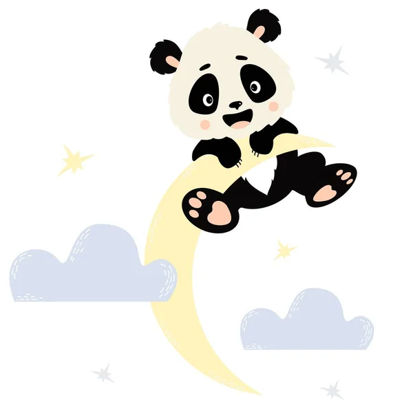 Cute Panda Played Hangs Moon White Background Clouds Vector Illustration — 图库矢量图片