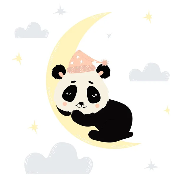 Cute Little Panda Nightcap Sweetly Sleeps Moon White Background Clouds — ストックベクタ