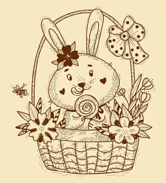 Easter Bunny Character Cute Rabbit Big Lollipop Easter Basket Flowers — Stock Vector