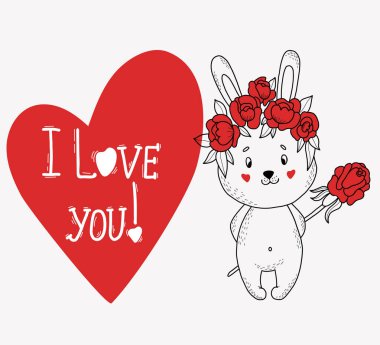 In love Cute bunny in flower wreath with rose behind her back, big heart and text - I love you. Vector illustration in style of hand drawn doodles. Funny animal for design, cards for Valentines Day