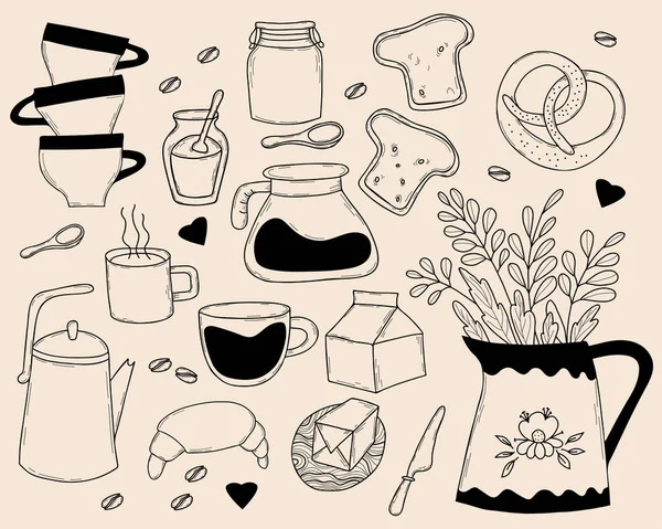 Set Kitchen Tools Doodles Kitchen Utensils Cooking Knife Jug Plants — Image vectorielle