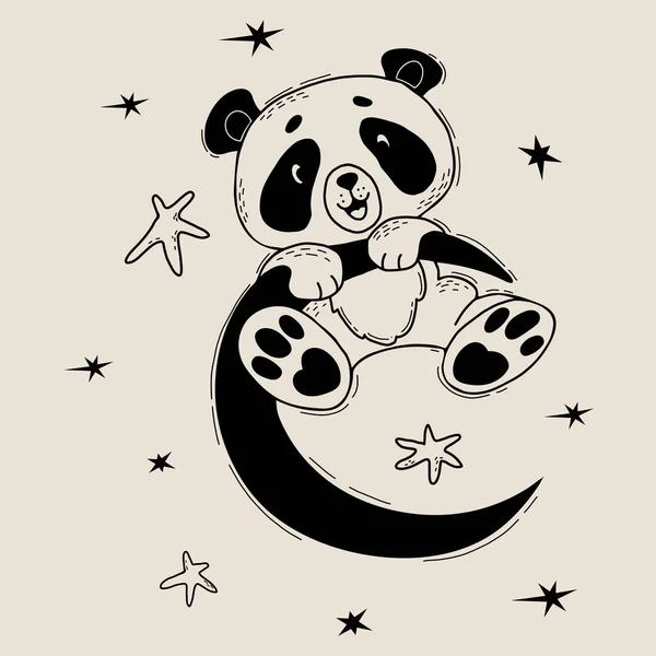 可爱的熊猫在月球上快乐.矢量图解。性格-可爱的动物。儿童收集、明信片、设计、装饰和印刷用线性手绘涂鸦. — 图库矢量图片