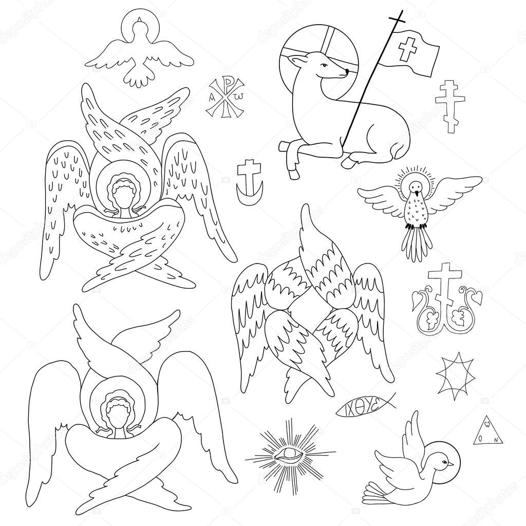 Religious symbols set. Seraphim, cherub six-winged angel, dove - Holy Spirit, lamb, sheep - Symbol of Jesus Christ Savior, Cross and monogram.. Vector illustration. Outline handmade linear drawing