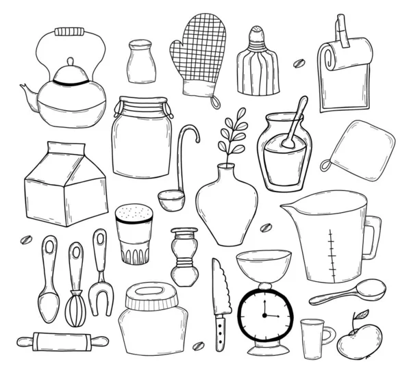 一套厨房工具涂鸦。手绘厨房设备。线条象征厨房烹饪工具和厨房用具.白色背景的矢量图解。用于设计和装饰的隔离元件 — 图库矢量图片