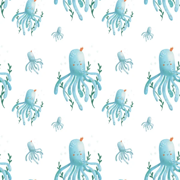 Patrón sin costuras. Lindo mar fabulosa princesa medusa con corona sobre fondo blanco con algas. Dibujo digital de trama para la colección de niños para la decoración y el diseño, fondos de pantalla y textiles, embalaje . — Foto de Stock
