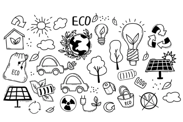 Ecology concept. Linear icons style vector illustration doodle drawing isolated on white background. No plastic, go green, Zero waste concepts. Reduce, reuse, refuse, ecological lifestyle. — Stock Vector