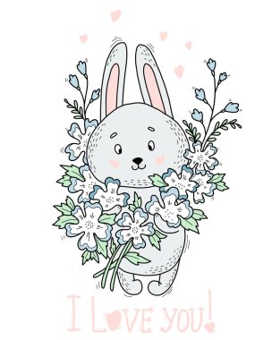 Büyük bir buket çiçekli şirin bir tavşan. Vektör çizimi. Sevgililer günü kartpostalında 