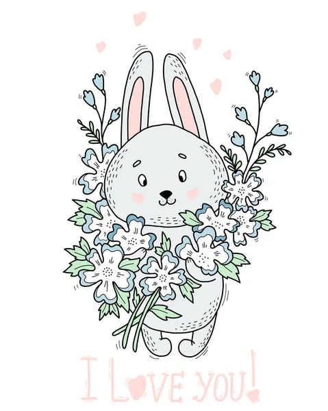 Roztomilý králíček s velkou kyticí květin. Vektorová ilustrace. Valentýnská pohlednice s textovkou Miluju tě. Ruční kreslení legrační zvíře pro design a dekorace, blahopřání. — Stockový vektor