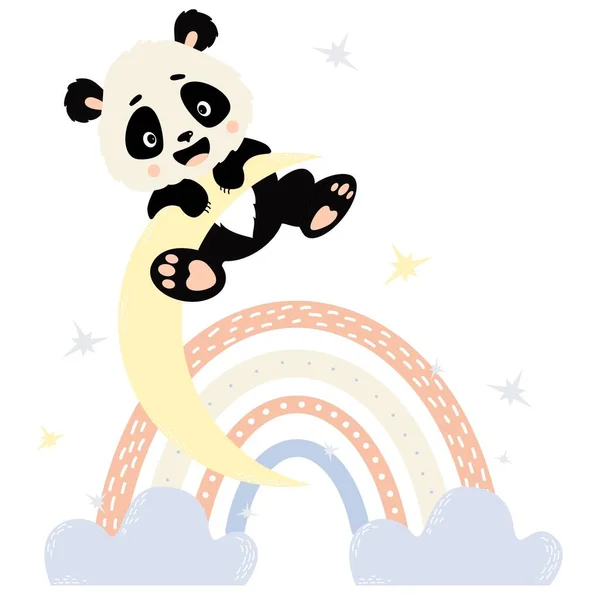 可爱的熊猫角色挂在月亮上,彩虹点缀着云彩和星星.矢量图解。为幼稚园和海报、儿童集锦、设计、装饰和印刷制作的北欧风格的可爱动物. — 图库矢量图片