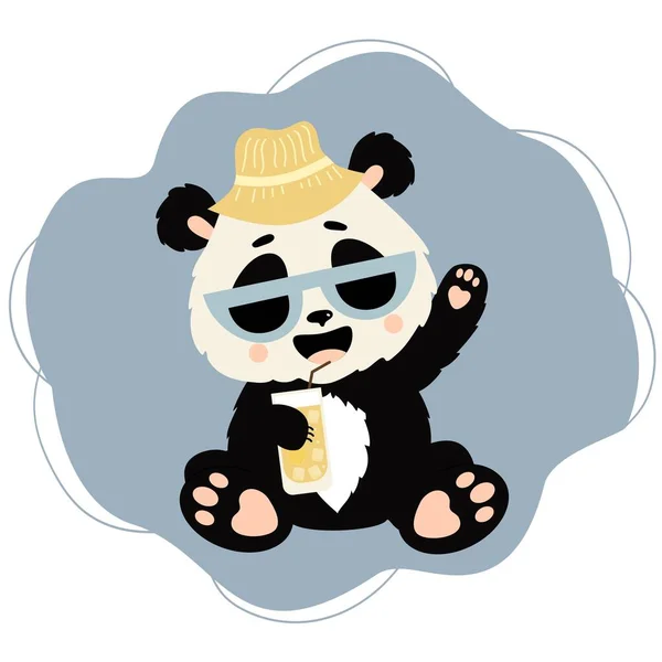 戴帽子戴太阳镜戴着可爱的熊猫形象 鸡尾酒挥动爪子 矢量图解 用于贺卡 儿童收集 设计和装饰的可爱动物 — 图库矢量图片