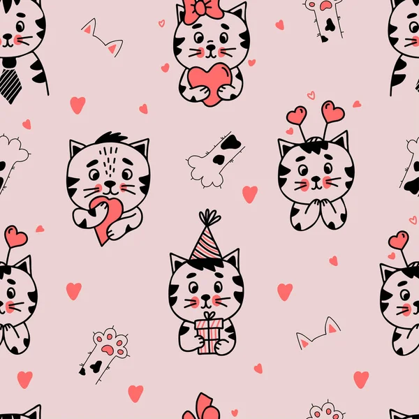 Seamless pattern. Cute different cat characters with gifts and hearts on light pink background with cat paws and ears. Vector illustration in hand drawn linear doodle style for design and decoration